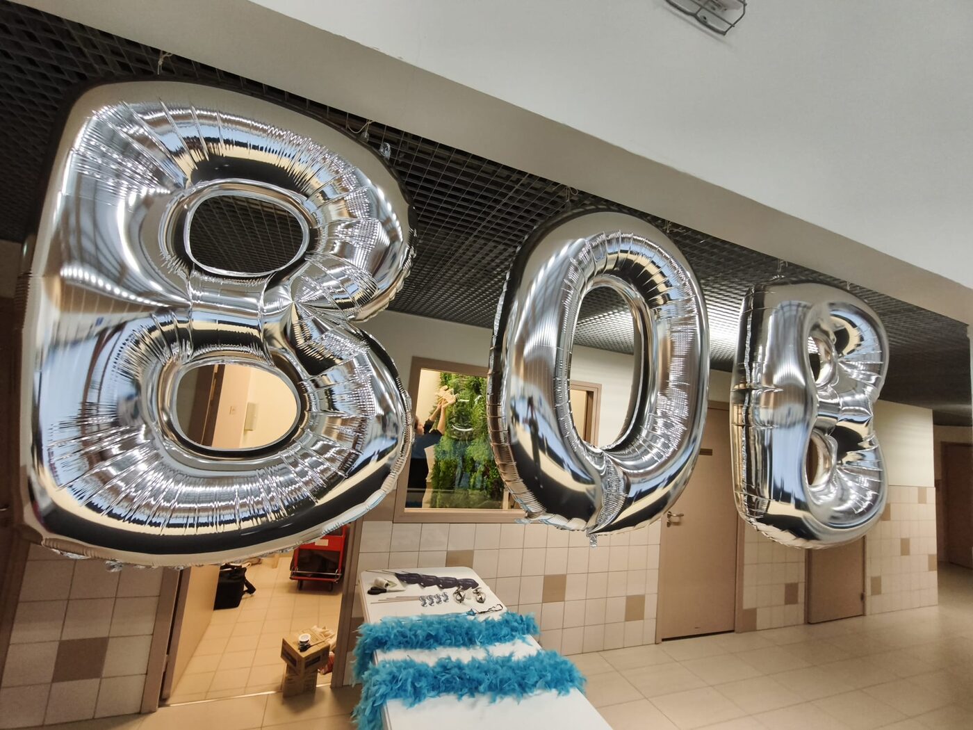 Ballons argentés « BOB » installés dans le gymnase du club